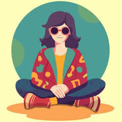 Groovy character , retro hippie man from 70s vector illustration. Boy in retro clothes sits in pose lotus. 
