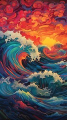 Psychedelic Manga Ocean Wave": A Detailed Artistic Composition in Gouache and Sculpture 1. Generative AI