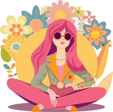 Groovy character , retro hippie woman from 70s vector illustration.Girl in retro clothes sits in pose lotus.  Flower Power