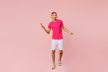 Full body young man of African American ethnicity he wear headscarf t-shirt casual clothes...
