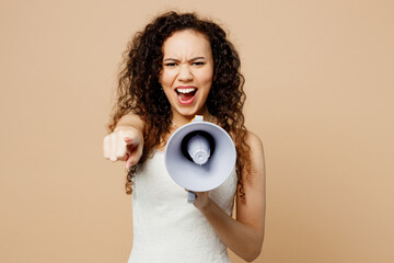 Indignant mad sad young woman bride wearing wedding dress posing scream in megaphone say hurry up isolated on plain pastel light beige background studio portrait. Ceremony celebration party concept.