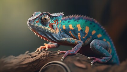 A colorful chameleon lizard is shown up close.  Generative Ai.