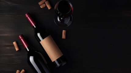 Obraz premium Red Wine bottle, corkscrew, cheese, wineglass, bread on black wood background, top view, copy space. Wine bottle mockup top view