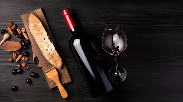 Red Wine bottle, corkscrew, cheese, wineglass, bread on black wood background, top view, copy space. Wine bottle mockup top view