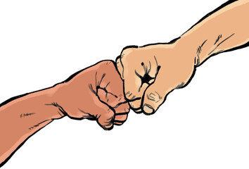 Stylized illustration of 2 hands of two people doing a fist bump gesture teamwork crew concept