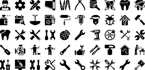 Repair Icon Set Isolated Silhouette Solid Icons With Service, Symbol, Work, Icon, Repair, Wrench, Sign Infographic Simple Vector Illustration