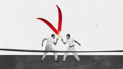 Contemporary art collage with two men fencing by chili pepper instead of sword over monochrome...