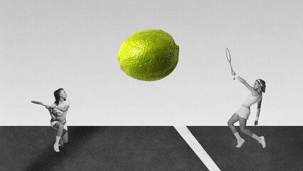 Contemporary art collage with two beautiful girls playing tennis and using lime instead of ball over black and white background