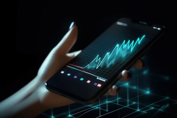 Close up of female hand holding cellphone with abstract growing blue business chart with arrow on dark grid background. Business development to success and plan concept With Generative AI technology