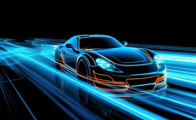 Plakat futuristic sports car driving with blue colors and blue lights.
