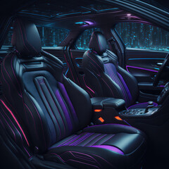 Car interior illustration  at night, with led lights for the best possible visual atmosphere. Ai generated.