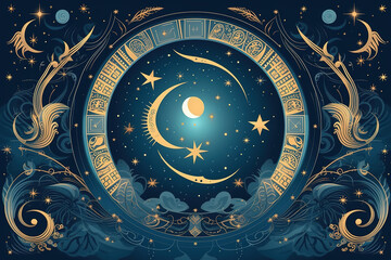 magic banner for astrology, magic divination, cosmic device, crescent moon and sun with moon on blue background, mystical vector illustration, pattern - obrazy, fototapety, plakaty