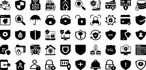 Security Icon Set Isolated Silhouette Solid Icons With Shield, Icon, Lock, Secure, Safety, Protection, Security Infographic Simple Vector Illustration