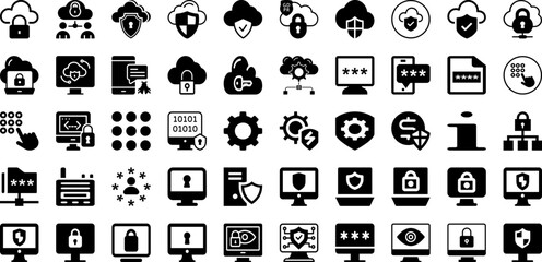 Fototapeta premium Security Icon Set Isolated Silhouette Solid Icons With Shield, Lock, Security, Protection, Safety, Secure, Icon Infographic Simple Vector Illustration