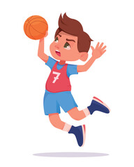 Young school boy wearing basketball uniform in basketball court while doing his dribbling style. Playing with ball. Vector isolated.