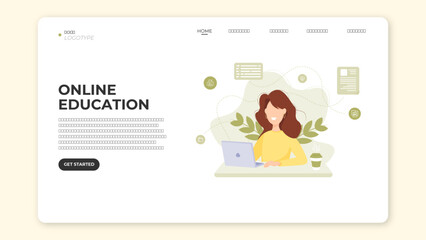 Green Educational Landing Page Design with Woman working on laptop. All texts are editable. Vector Graphic Template.