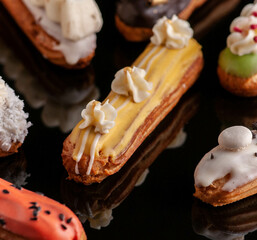eclairs with different fillings and decorations in different options
