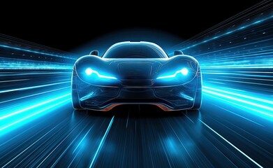 Plakat futuristic sports car driving with blue colors and blue lights.