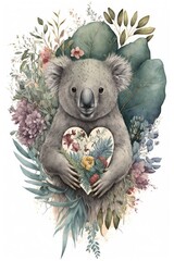 Watercolor Illustration of a Koala Bear Holding a Heart Adorned with Painted Flowers, Surrounded by Floral Elements on a White Background, generative ai
