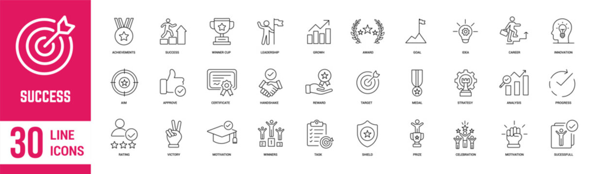 Success icon set. Successful, business, achievement, awards, victory, handshake, leader and many more. Outline icons collection. Vector illustration.
