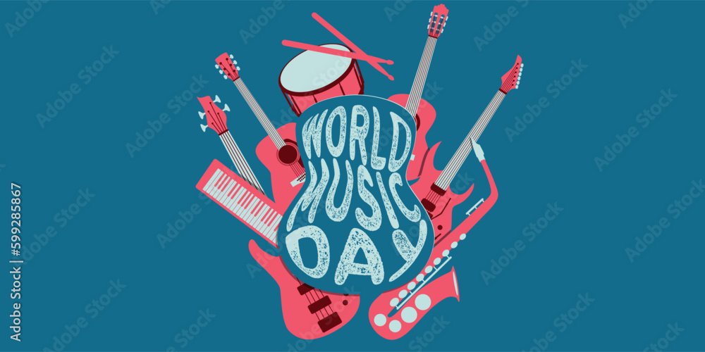 Wall mural world music day design banner - guitars and instruments illustration