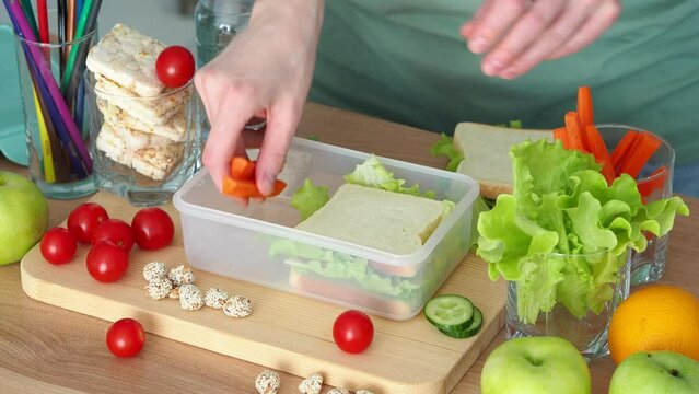 A woman puts food in a lunch box for a child. Homemade food in a plastic container. Take food from home. Healthy snack for lunch. Back to school concept.