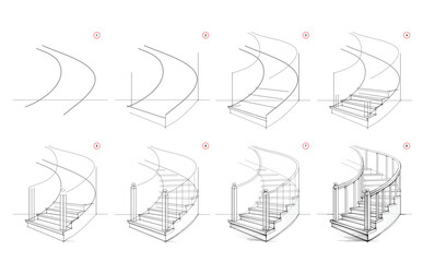 Page shows how to learn to draw sketch of stairs in perspective. Pencil drawing lessons. Educational page for artists. Textbook for developing artistic skills. Online education. Vector illustration. - obrazy, fototapety, plakaty