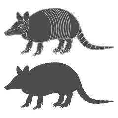 Set of black and white illustration with an armadillo. Isolated vector objects on white background.