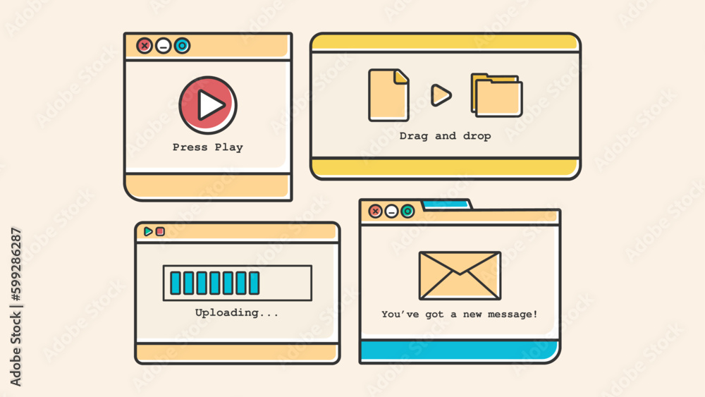 Fototapete 4 Retro User Interface Windows.  Windows are made as Retro User Interface Elements that include Play, Drag and Drop, Uploading and You've Got a Message Windows. All texts are editable.