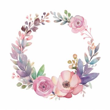 wreath of roses, beautiful watercolor illustration of a circle frame of flowers in light pastel colors of pink, purple and green