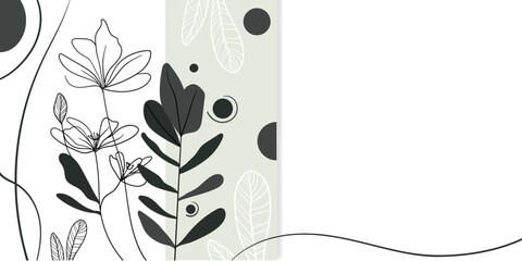 Floral frame line art with green shape on white background. Minimal design for wedding card template. Vector illustration