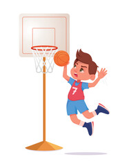 Boy kicks the ball into the basketball basket. Young man playing basketball alone on the court.