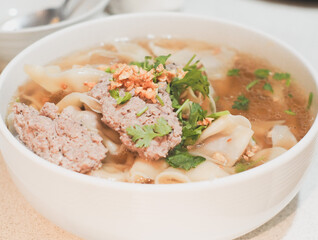 Wonton soup with minced pork, fried garlic and some coriander leaf. Dumpling with pork spare ribs soup. Potstickers in white bowl.