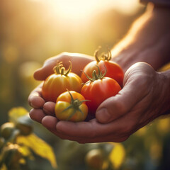 A close-up shot of a farmer's hands gently holding a freshly harvested tomato, with sunlight filtering through the leaves in the background - Generative AI