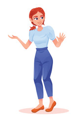 Girl teacher explains something. Red-haired woman in trousers. official style