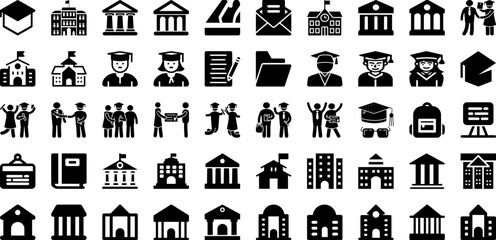 University Icon Set Isolated Silhouette Solid Icons With Set, Vector, University, Education, School, Icon, Illustration Infographic Simple Vector Illustration