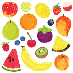 Hand drawn set of fresh fruits pattern. Fruit isolated on white background. Organic fruits vector illustration.