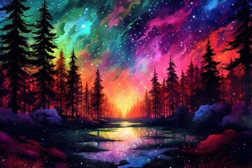 Obraz premium Night Landscape Painting of dark and colorful sky background. Aurora borealis in the night sky over the black trees in the foreground. Watercolour painting Northern lights space landscape, Generative 