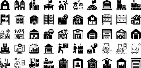 Warehouse Icon Set Isolated Silhouette Solid Icons With Delivery, Package, Shipping, Storage, Box, Warehouse, Icon Infographic Simple Vector Illustration