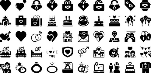Wedding Icon Set Isolated Silhouette Solid Icons With Bride, Love, Heart, Icon, Cake, Wedding, Church Infographic Simple Vector Illustration