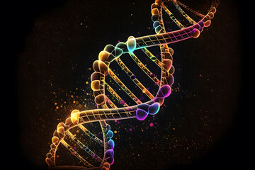 Generative AI image of creative digital illustration of colorful DNA with transparent liquid drops on spiral chromosome against black background