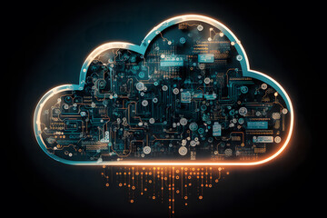 Generative AI image of cloud computing and digital data transfer with computing networked across cities country and globe with virtualization approach