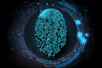 Generative AI image of digital finger print scan in blue glowing lights for forensic data and personal identification on black background while useful in biometrics