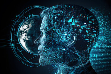 Generative AI image of male humanoid of technological future information with digital brain neural networks and learning processing of big data on black background