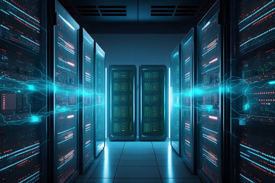 Generative AI image of center with interconnected servers and with data displaying neon lights while placed in glass shelves inside spacious room with cloud computing technology