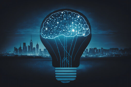 Generative AI image of illuminated lamp bulb against modern cityscape with skyscrapers while representing future automation and technology development concept against blue background
