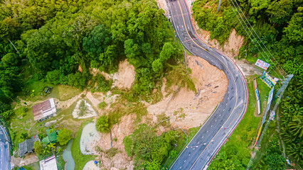 High angle view of natural disasters, landslides, roads before entering Patong in Phuket, Thailand.