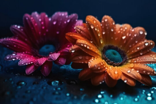 Generative AI image of different colored gerbera flowers placed on hard blue surface with water drops and with glowing neon lights against black background