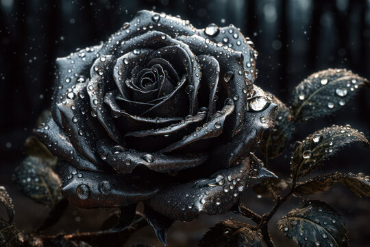Generative AI illustration of lush realistic rose with tender black petals covered with dew and dark leaves