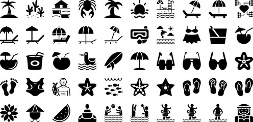 Beach Icon Set Isolated Silhouette Solid Icons With Summer, Sea, Symbol, Travel, Sun, Icon, Beach Infographic Simple Vector Illustration